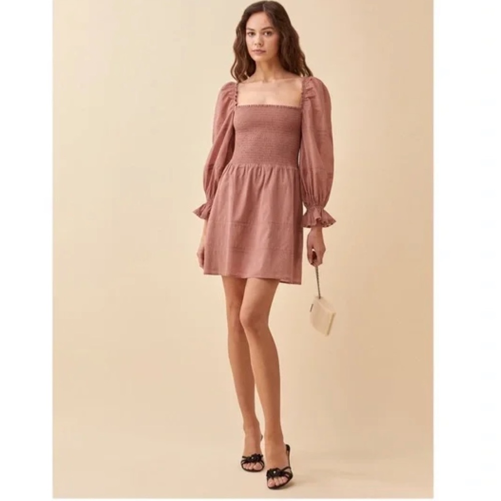 ❌SOLD❌ Reformation Dunes (Praline) Smocked Mini Dress Sz 12 - Picture 3 of 14